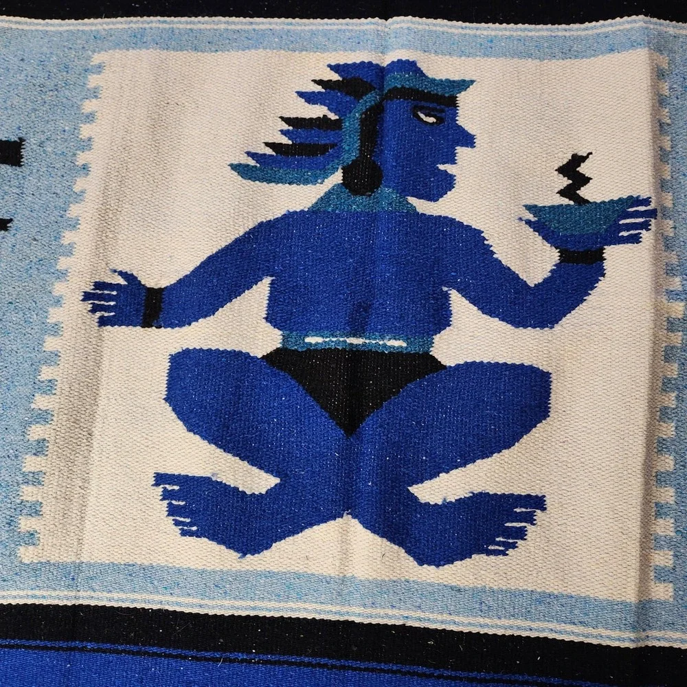 Vtg Hand Woven Mexican Aztec wool‎ blanket throw tapestry with fringe 82×48